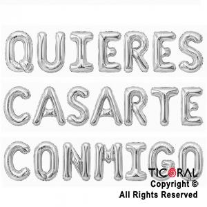 SET DE GLOBOS METALIZADO FRASE QUIERES CASARTE CONMIGO PLATA 21 UNIDADES